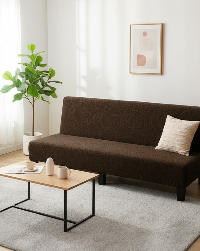 Housse de clic clac marron jacquard feuilles – Protection canapé convertible – Photo Variation 4