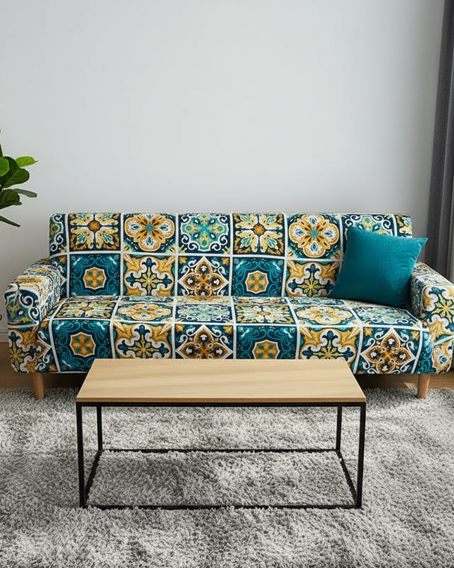 Housse de clic clac motifs mosaïque bleu jaune – Protection canapé convertible – Photo Variation 10