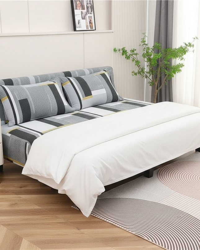 Housse de clic clac motifs géométriques gris – Protection canapé convertible – Photo Variation 3