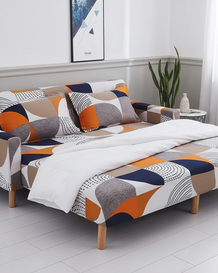 Housse de clic clac motif géométrique orange – Protection canapé convertible – Photo Variation 3