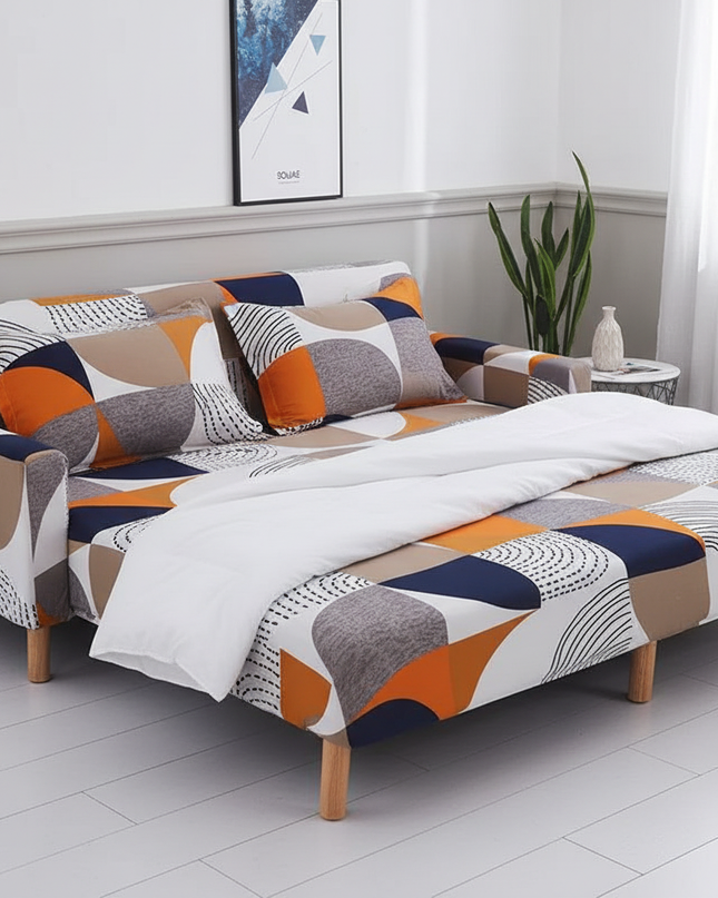 Housse de clic clac motif géométrique orange – Protection canapé convertible – Photo Variation 3