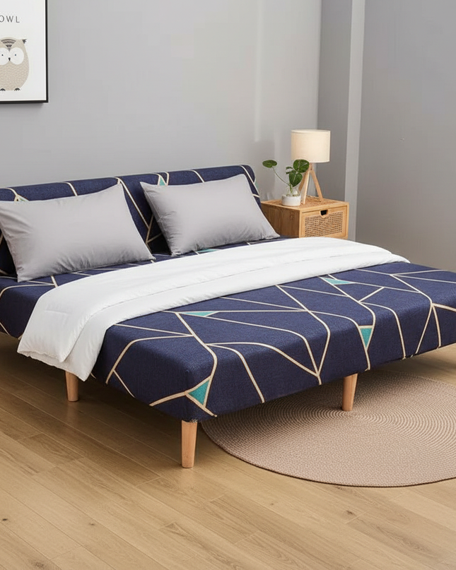 Housse de clic clac géométrique bleue stretch – Protection canapé convertible – Photo Variation 3