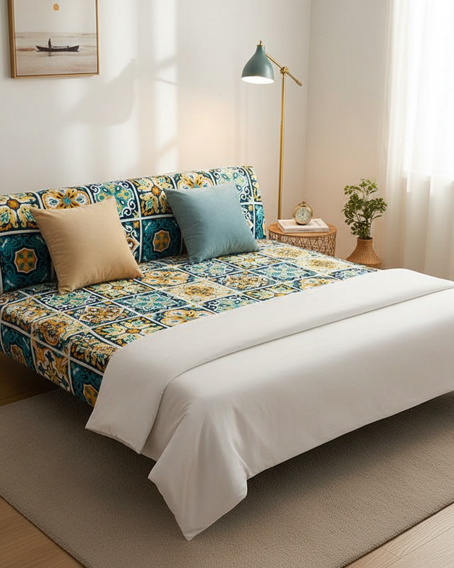 Housse de clic clac motifs mosaïque bleu jaune – Protection canapé convertible – Photo Variation 9