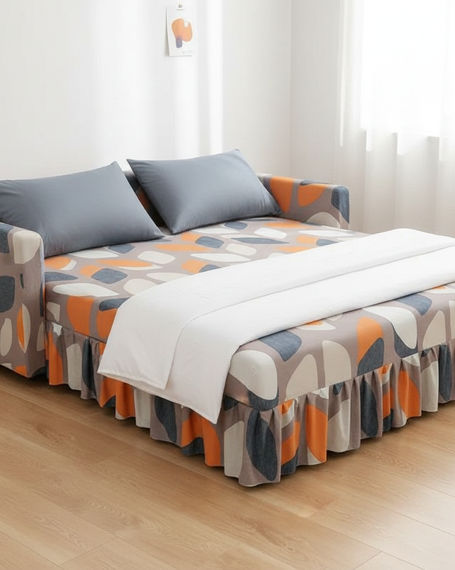 Housse de clic clac imprimé feuilles orange – Protection canapé convertible – Photo Variation 3