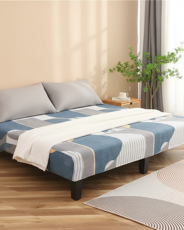 Housse de clic clac imprimée bleue géométrique – Protection canapé convertible – Photo Variation 3