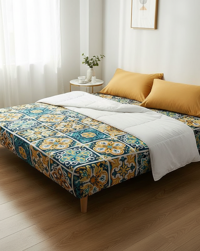 Housse de clic clac motifs mosaïque bleu jaune – Protection canapé convertible – Photo Variation 3