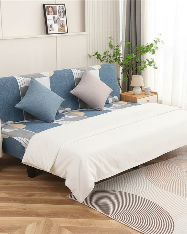 Housse de clic clac géométrique bleu gris – Protection canapé convertible – Photo Variation 3