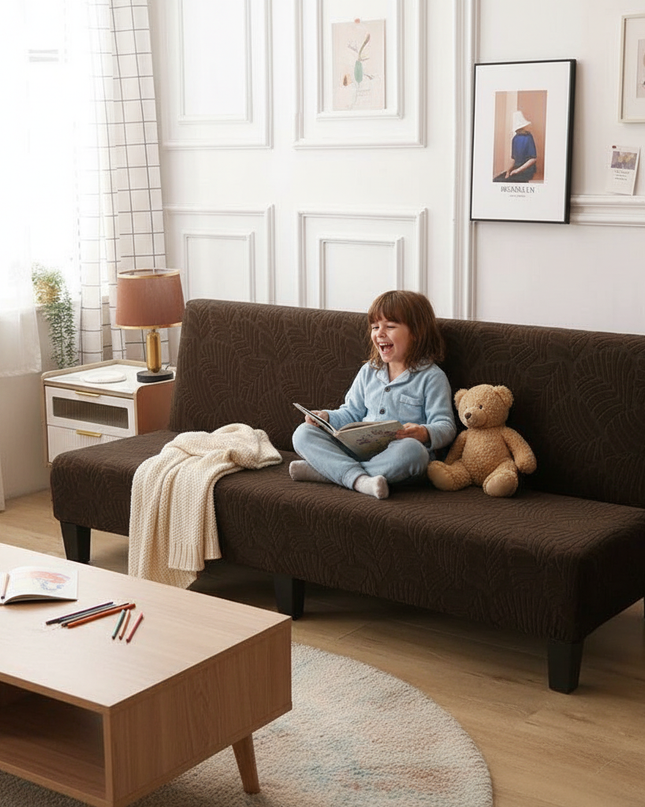 Housse de clic clac marron jacquard feuilles – Protection canapé convertible – Photo Variation 2