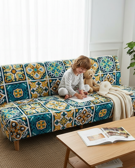 Housse de clic clac motifs mosaïque bleu jaune – Protection canapé convertible – Photo Variation 8