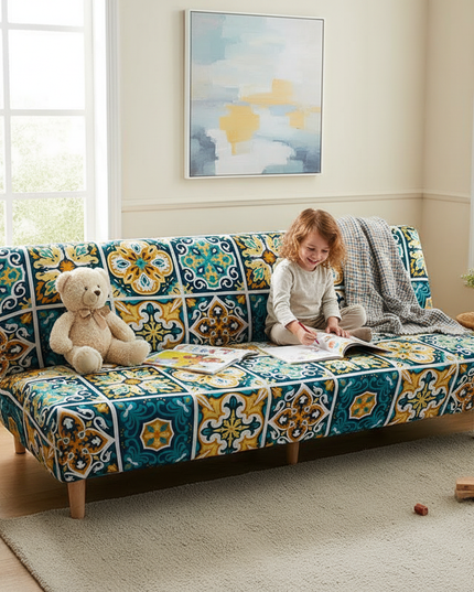 Housse de clic clac motifs mosaïque bleu jaune – Protection canapé convertible – Photo Variation 2