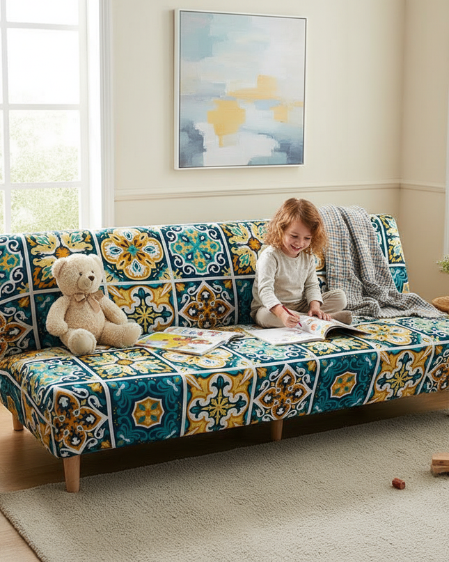 Housse de clic clac motifs mosaïque bleu jaune – Protection canapé convertible – Photo Variation 2