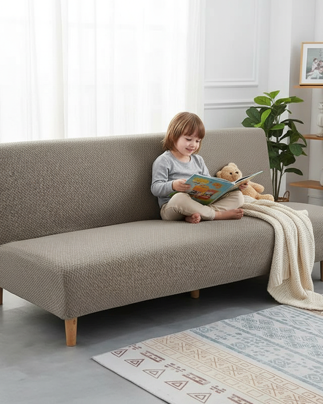 Housse de clic clac jacquard taupe élastique – Protection canapé convertible – Photo Variation 2