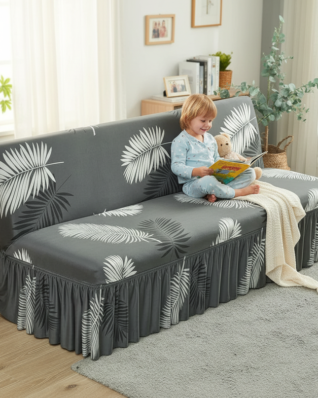 Housse de clic clac gris feuilles volant – Protection canapé convertible – Photo Variation 2