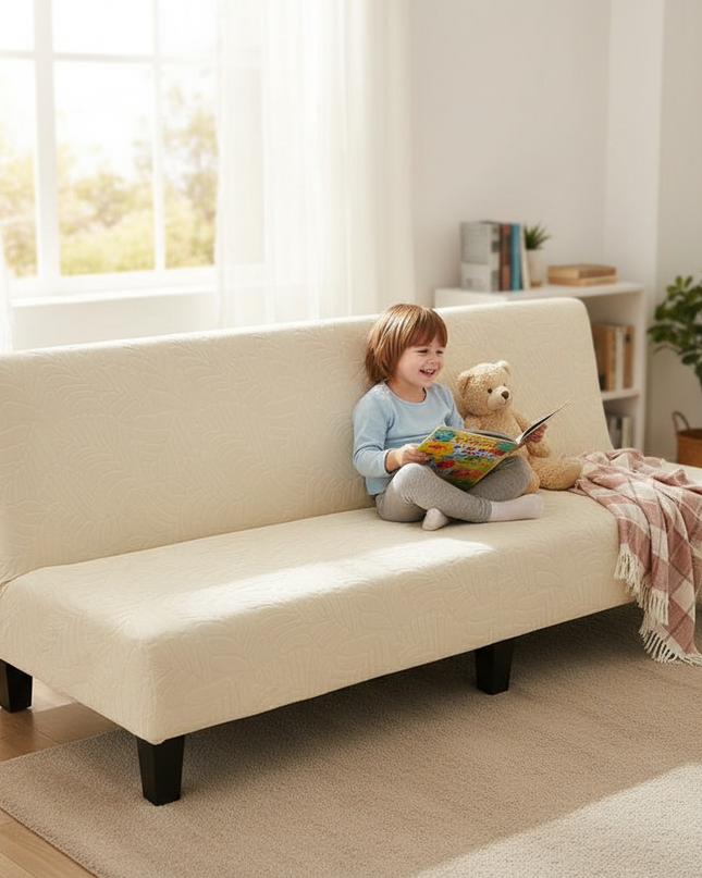 Housse de clic clac extensible crème feuilles – Protection canapé convertible – Photo Variation 2
