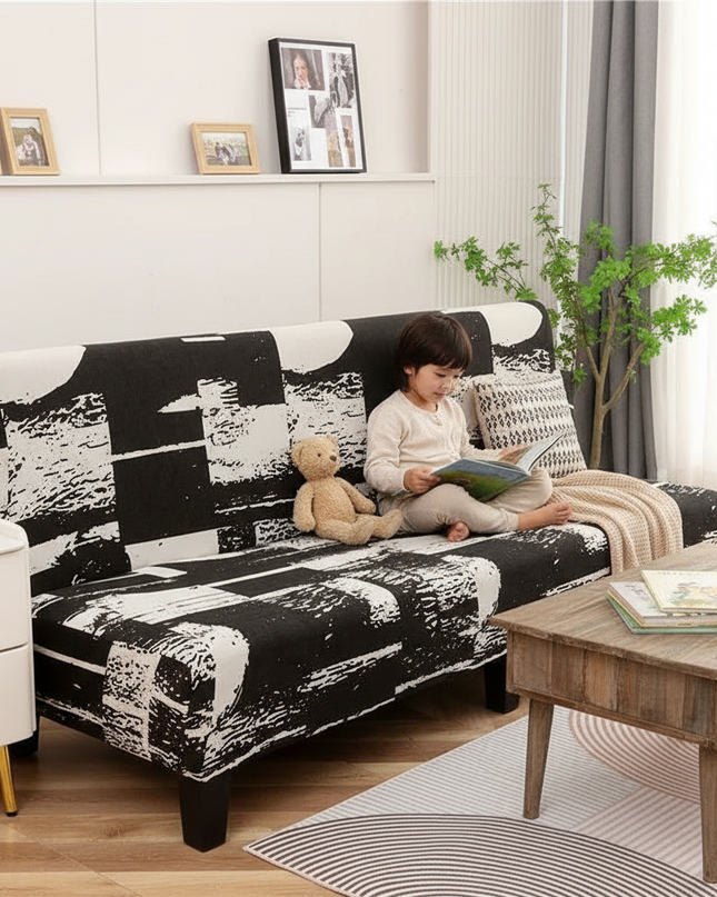 Housse de clic clac imprimée noire blanche – Protection canapé convertible – Photo Variation 2