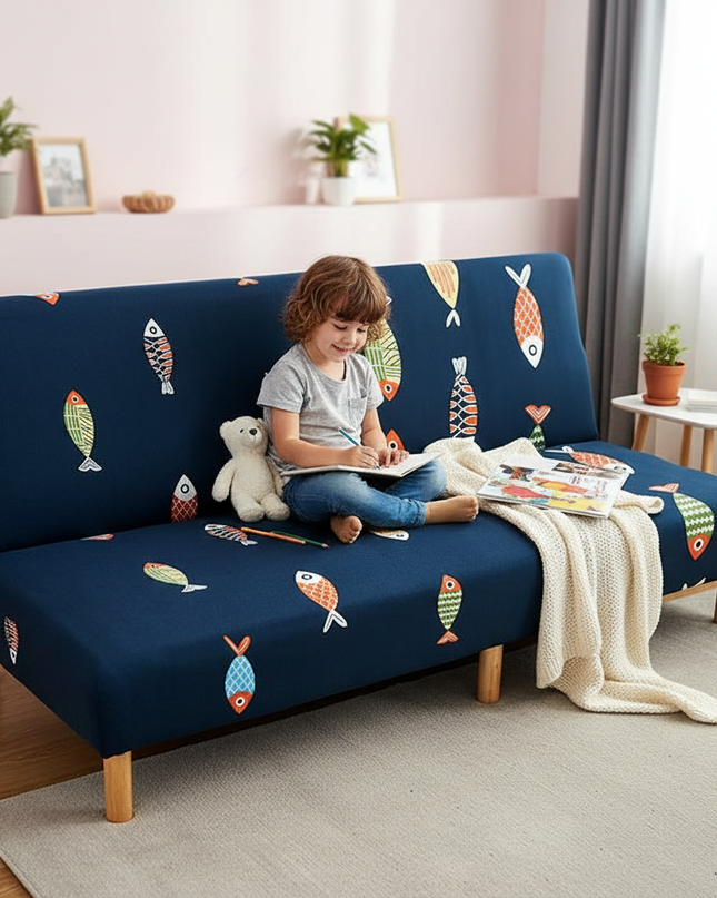 Housse de clic clac géométrique bleu jaune – Protection canapé convertible – Photo Variation 2