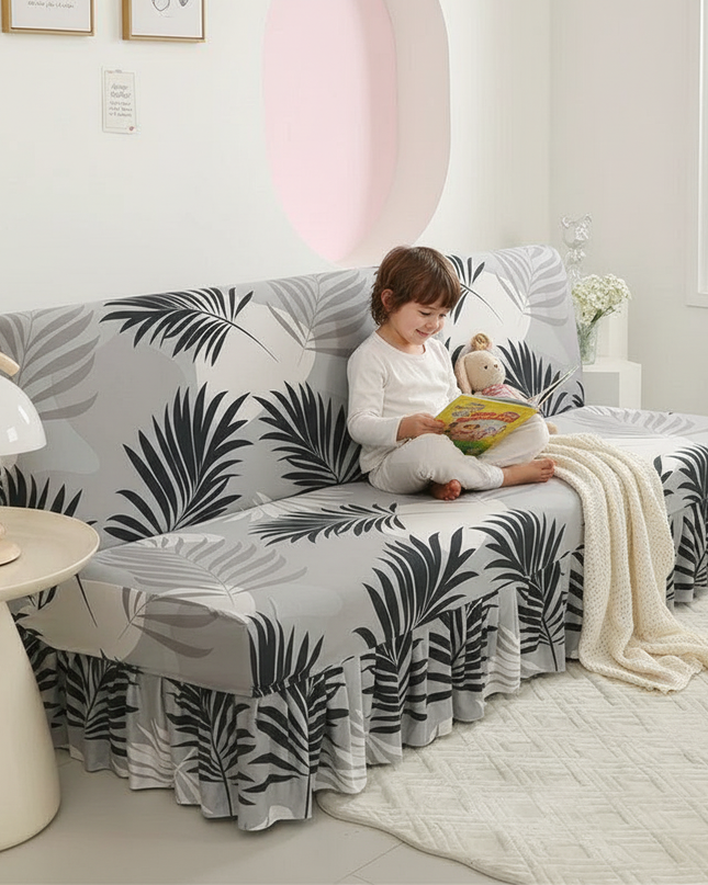 Housse de clic clac jupe feuilles grises – Protection canapé convertible – Photo Variation 2