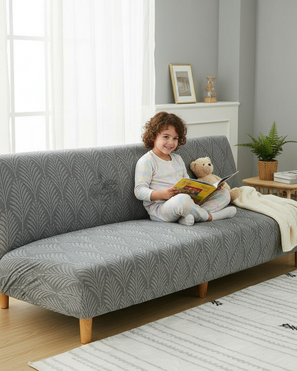 Housse de clic clac grise jacquard feuilles – Protection canapé convertible – Photo Variation 2