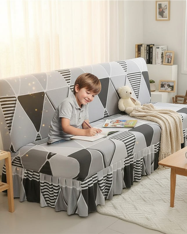 Housse de clic clac gris géométrique volants – Protection canapé convertible – Photo Variation 2