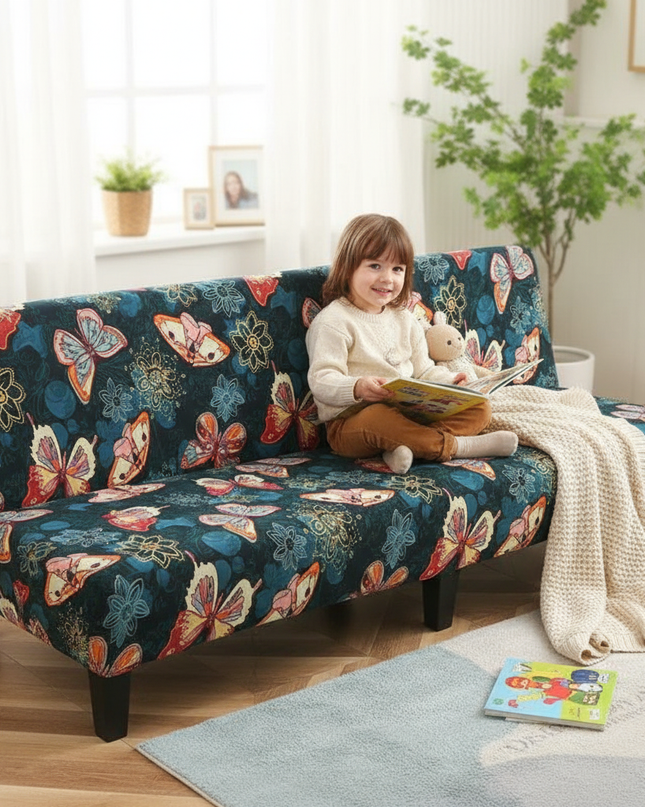 Housse de clic clac imprimée papillons colorés. – Protection canapé convertible – Photo Variation 2