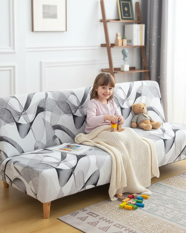 Housse de clic clac extensible ondes grises – Protection canapé convertible – Photo Variation 2