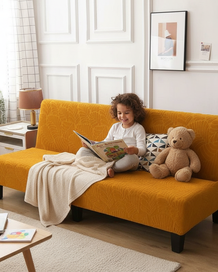 Housse de clic clac ocre jacquard feuilles – Protection canapé convertible – Photo Variation 2