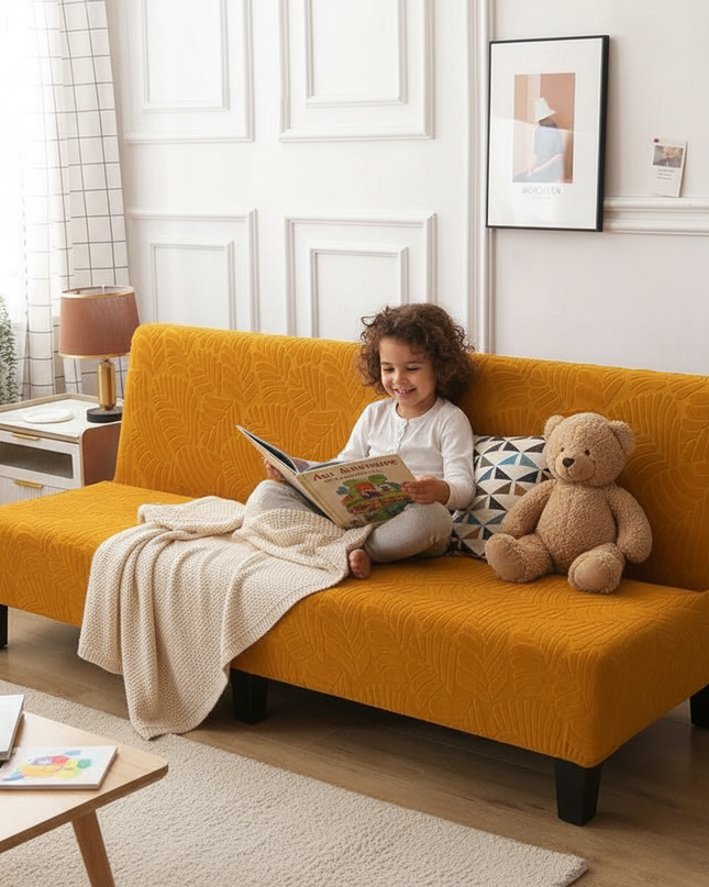 Housse de clic clac ocre jacquard feuilles – Protection canapé convertible – Photo Variation 2