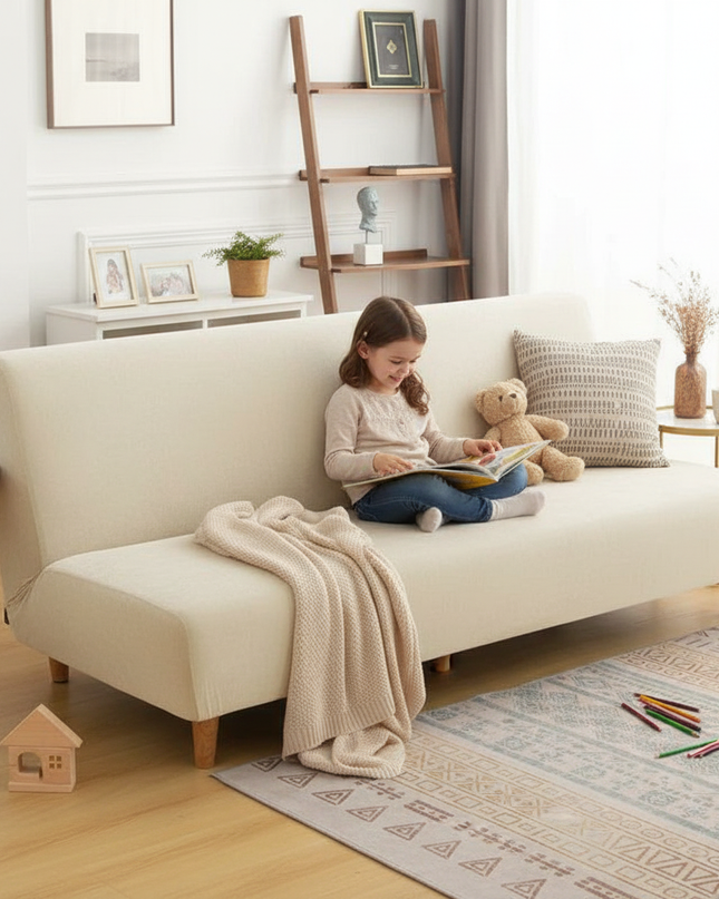Housse de clic clac beige sans accoudoirs – Protection canapé convertible – Photo Variation 2