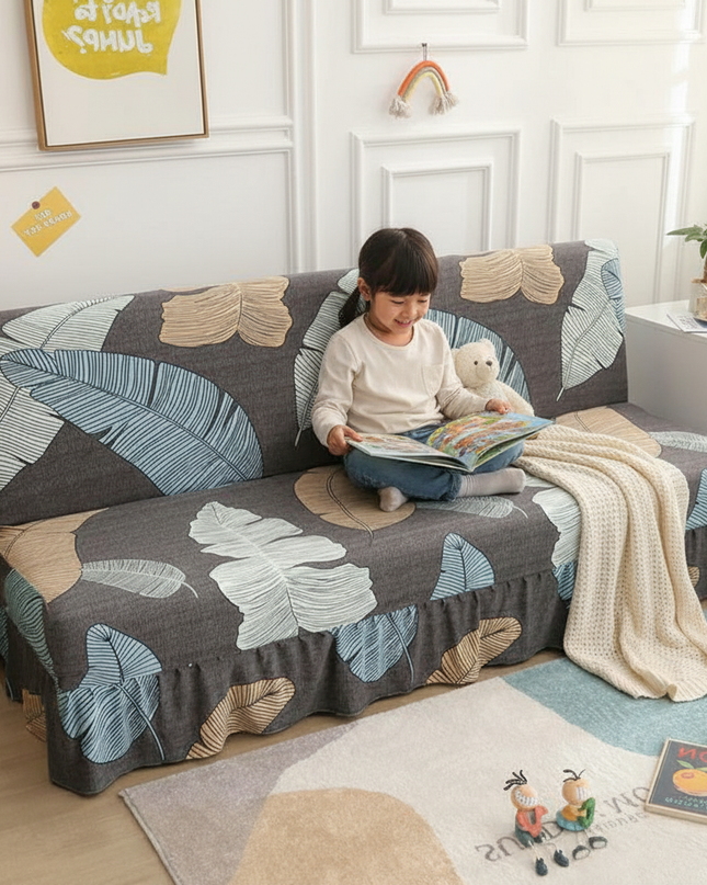Housse de clic clac feuilles grises bleues – Protection canapé convertible – Photo Variation 2
