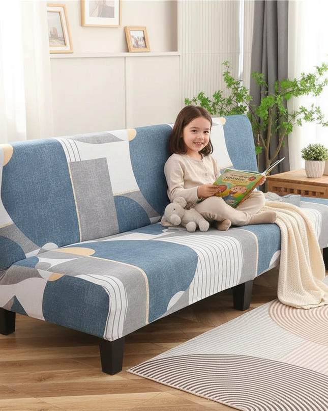 Housse de clic clac imprimée bleue géométrique – Protection canapé convertible – Photo Variation 2