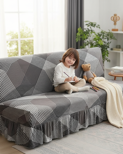 Housse de clic clac gris géométrique jupe – Protection canapé convertible – Photo Variation 2