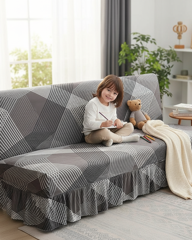 Housse de clic clac gris géométrique jupe – Protection canapé convertible – Photo Variation 2