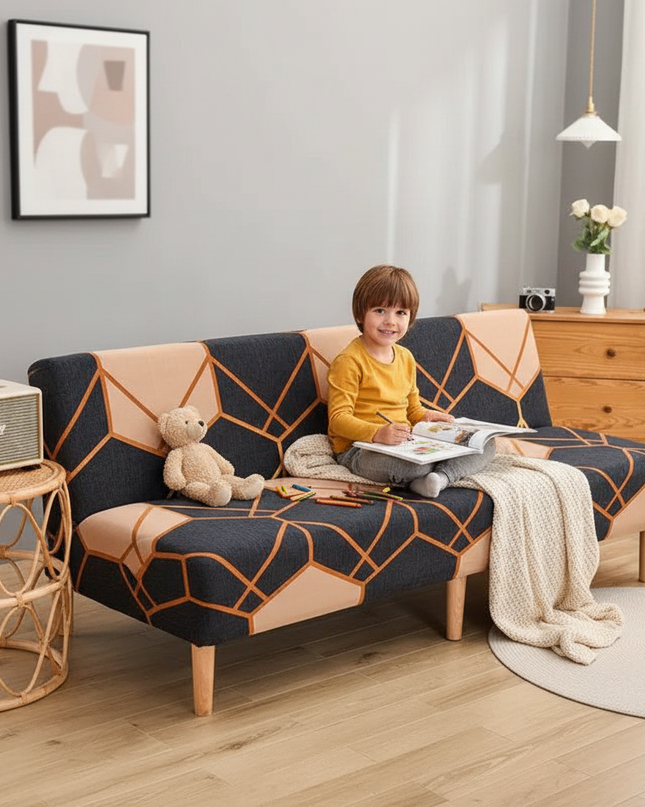 Housse de clic clac géométrique anthracite cuivre – Protection canapé convertible – Photo Variation 2