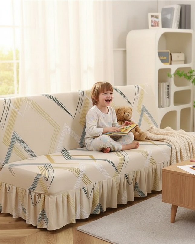 Housse de clic clac géométrique beige volant – Protection canapé convertible – Photo Variation 2