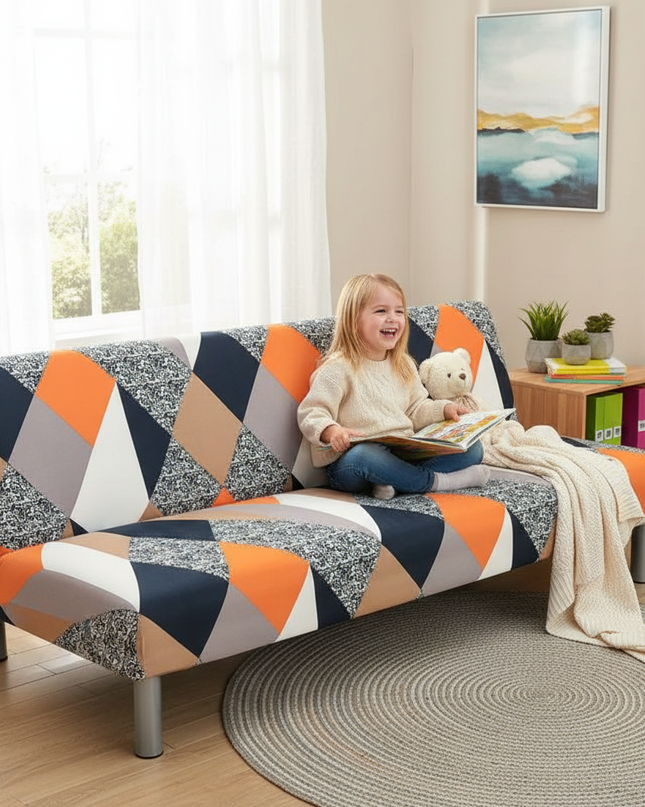 Housse de clic clac géométrique multicolore stretch – Protection canapé convertible – Photo Variation 2