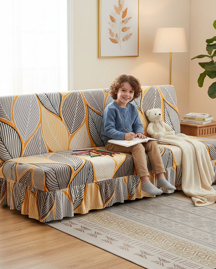 Housse de clic clac imprimé feuilles jupe jaune – Protection canapé convertible – Photo Variation 2