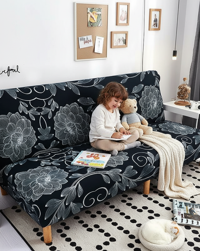 Housse de clic clac noire fleurs blanches – Protection canapé convertible – Photo Variation 2
