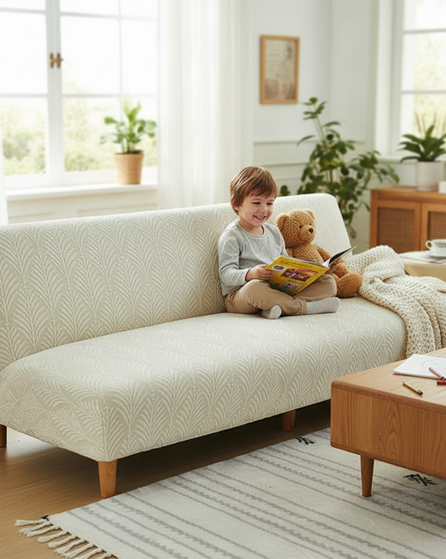 Housse de clic clac Écru Jacquard Stretch – Protection canapé convertible – Photo Variation 2