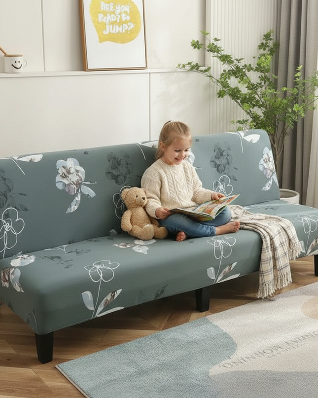 Housse de clic clac fleurie verte stretch – Protection canapé convertible – Photo Variation 2
