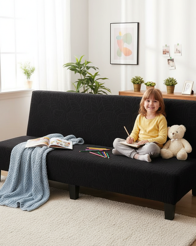 Housse de clic clac noire motif feuilles – Protection canapé convertible – Photo Variation 2