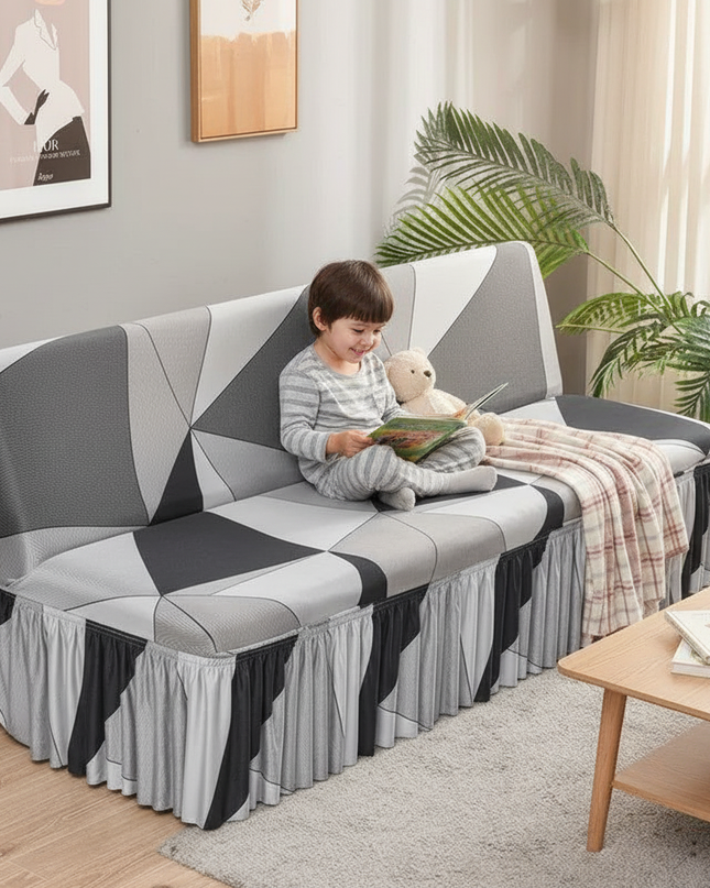 Housse de clic clac géométrique grise jupe – Protection canapé convertible – Photo Variation 2