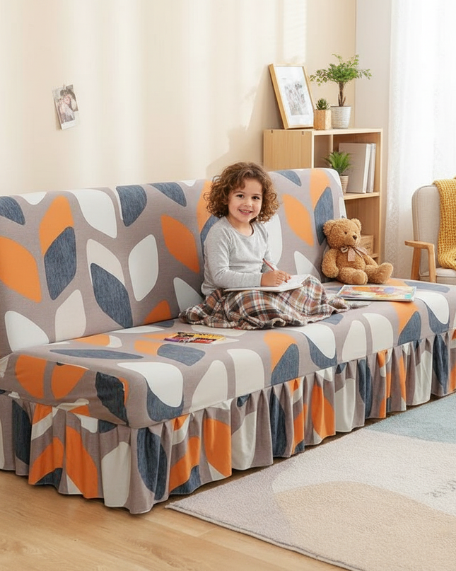 Housse de clic clac imprimé feuilles orange – Protection canapé convertible – Photo Variation 2