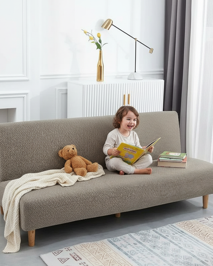 Housse de clic clac taupe jacquard extensible. – Protection canapé convertible – Photo Variation 2