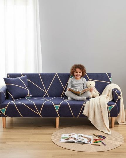 Housse de clic clac géométrique bleue stretch – Protection canapé convertible – Photo Variation 2