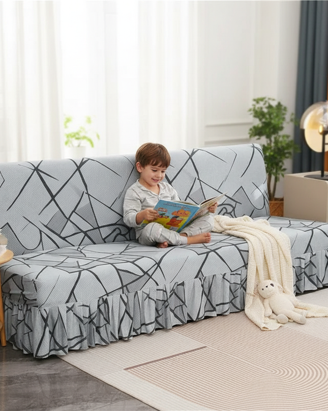 Housse de clic clac jupe grise géométrique – Protection canapé convertible – Photo Variation 2