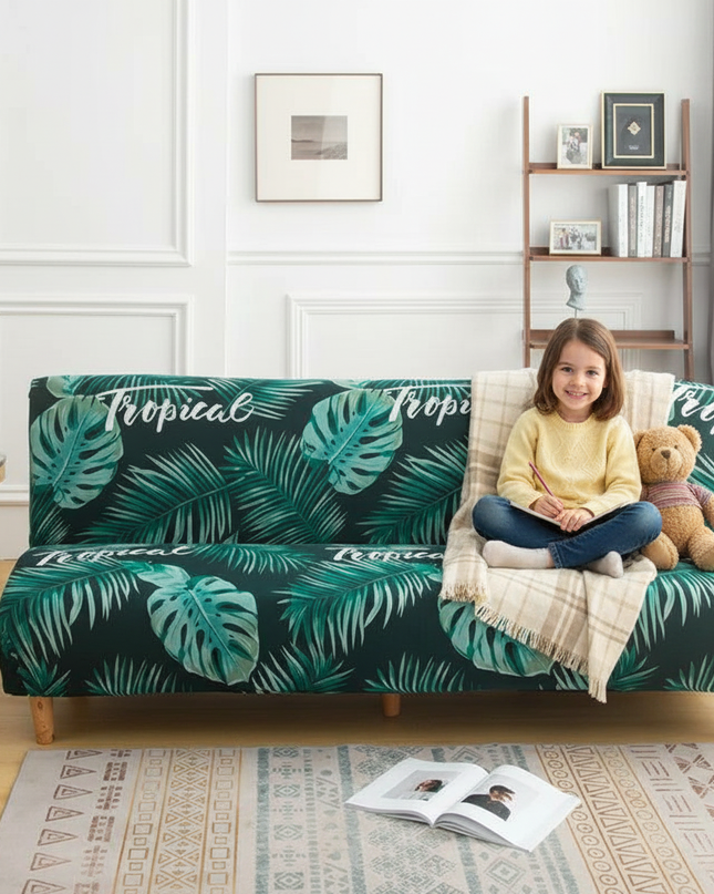 Housse de clic clac imprimé tropical vert – Protection canapé convertible – Photo Variation 2