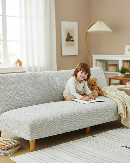 Housse de clic clac motif feuilles gris – Protection canapé convertible – Photo Variation 2
