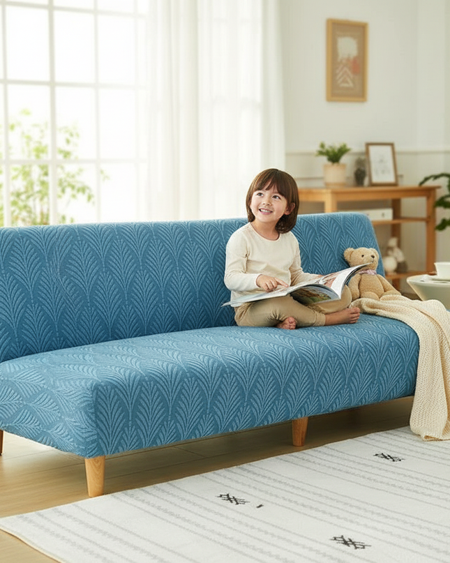Housse de clic clac bleu canard feuilles – Protection canapé convertible – Photo Variation 2