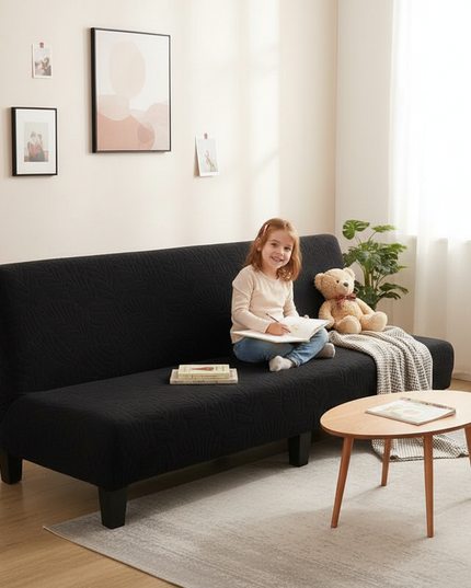 Housse de clic clac noire jacquard feuilles – Protection canapé convertible – Photo Variation 2