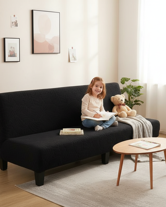 Housse de clic clac noire jacquard feuilles – Protection canapé convertible – Photo Variation 2
